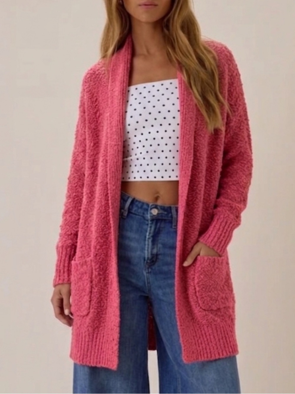 French Connection Nubby Knit Long Cardigan Sweater Size XS Oversized Barbie Pink